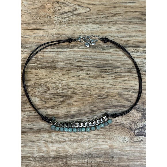 FOSSIL VTG Silver Tone Turquoise Bead Leather Cord Necklace Boho Festival Signed - Picture 1 of 7